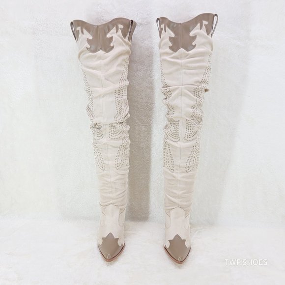 Iconic Western Thigh high Cowgirl Boots Cream - Picture 9 of 12